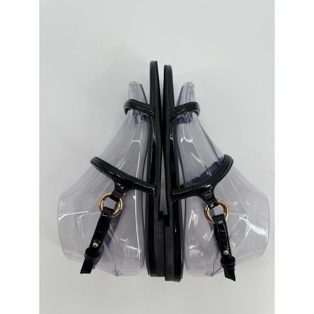 J.Crew Women Black Patent Leather Strappy Slingback Flat Sandals Size 6.5